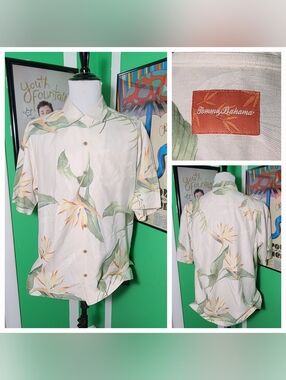 Mens Tommy Bahama Silk Camp Shirt L Tropical Floral Bird of Paradise Cream